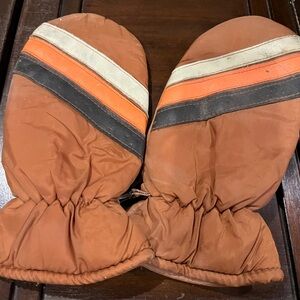 Vintage 79’s 80s Brown Orange Striped Mittens Puffy Nylon Poly